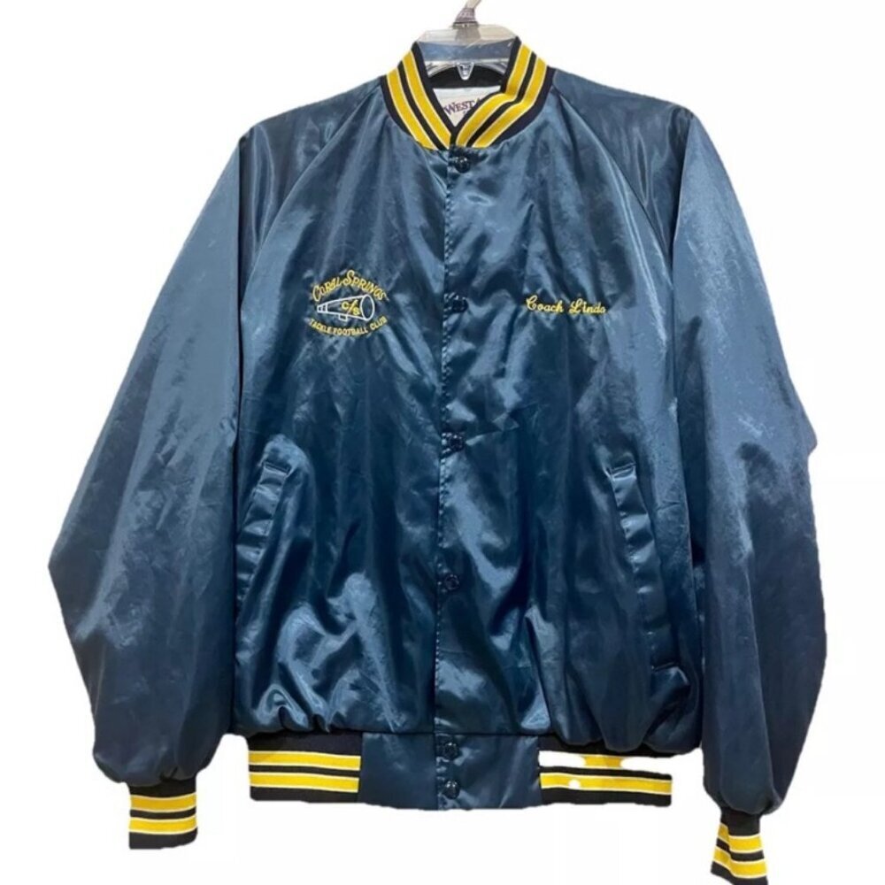 Y2K SATIN VARSITY BOMBER JACKET WESTSTARK TRENDY  SZ L BLUE/YELLOW MADE IN‎ USA